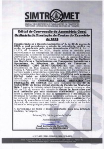 EDITAL CONVOCAÇÃO AGO - PRESTAÇÃO DE CONTAS 2019