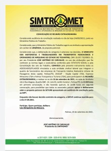 CONVOCAÇÃO - REUNIÃO EXTRAORDINÁRIA DIA 24.09.2021 - CATEGORIA TRANSPORTE URBANO PALMAS..